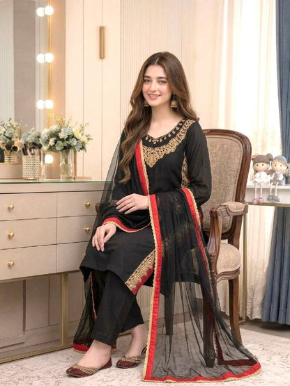 Women's Black Embroidered Straight Kurta Set with Nazmin Dupatta