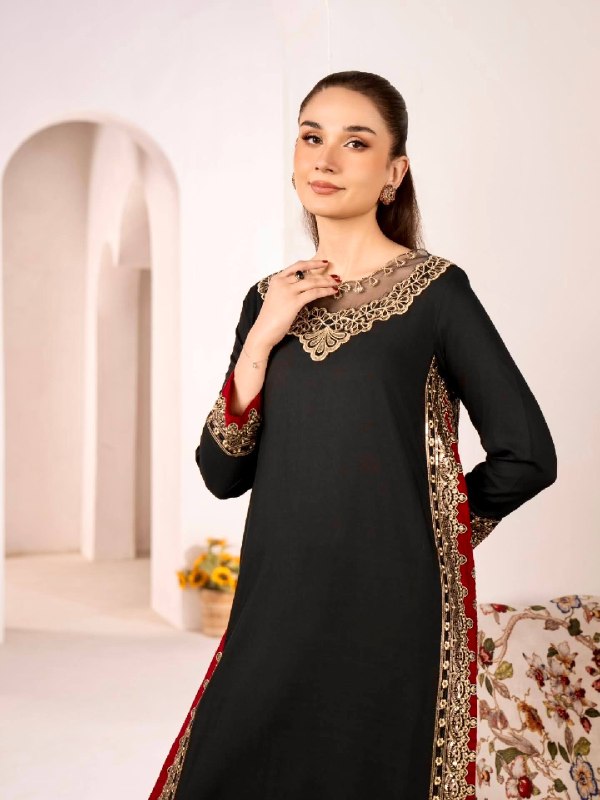 Women's Black Embroidered Straight Kurta Set with Nazmin Dupatta