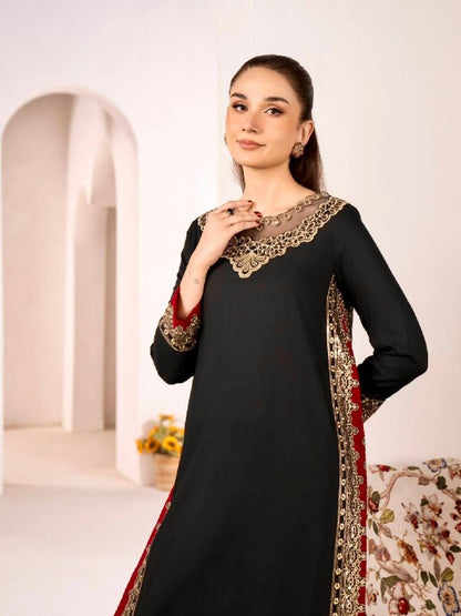 Women's Black Embroidered Straight Kurta Set with Nazmin Dupatta