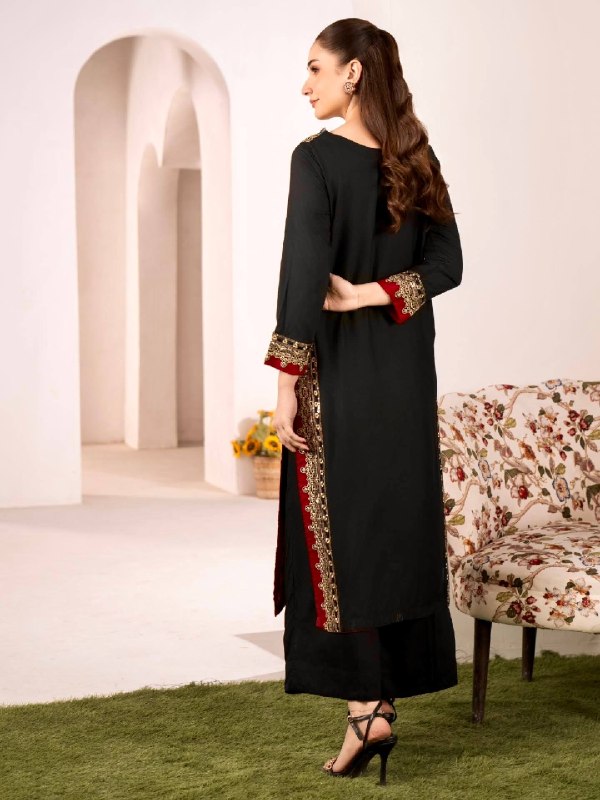 Women's Black Embroidered Straight Kurta Set with Nazmin Dupatta