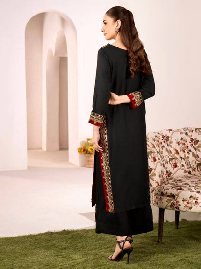 Women's Black Embroidered Straight Kurta Set with Nazmin Dupatta