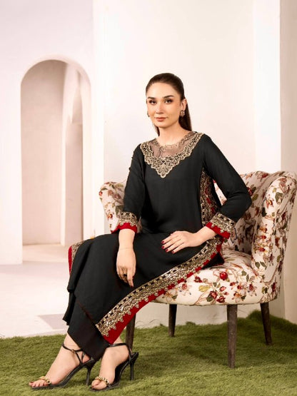 Women's Black Embroidered Straight Kurta Set with Nazmin Dupatta