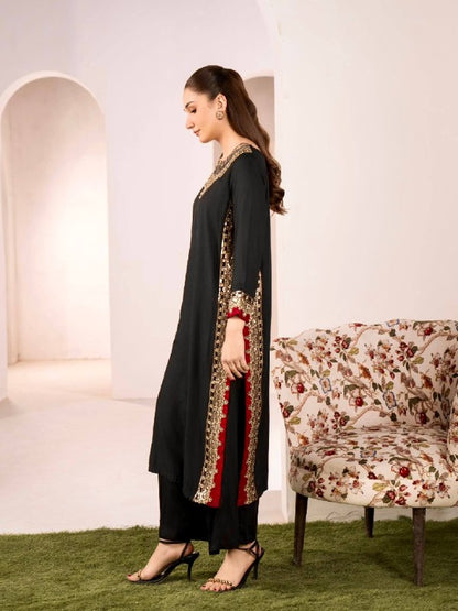 Women's Black Embroidered Straight Kurta Set with Nazmin Dupatta