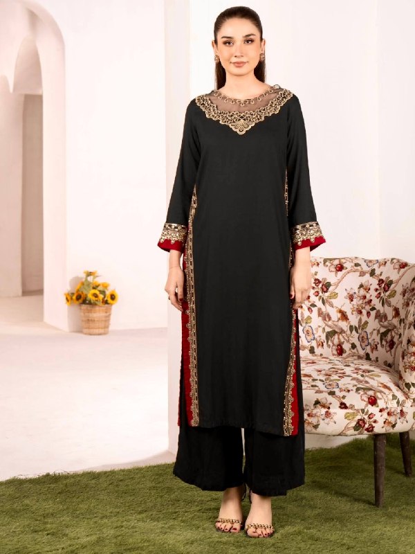 Women's Black Embroidered Straight Kurta Set with Nazmin Dupatta