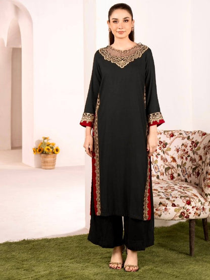 Women's Black Embroidered Straight Kurta Set with Nazmin Dupatta