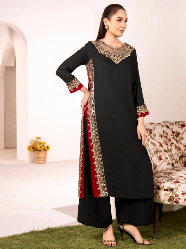 Women's Black Embroidered Straight Kurta Set with Nazmin Dupatta