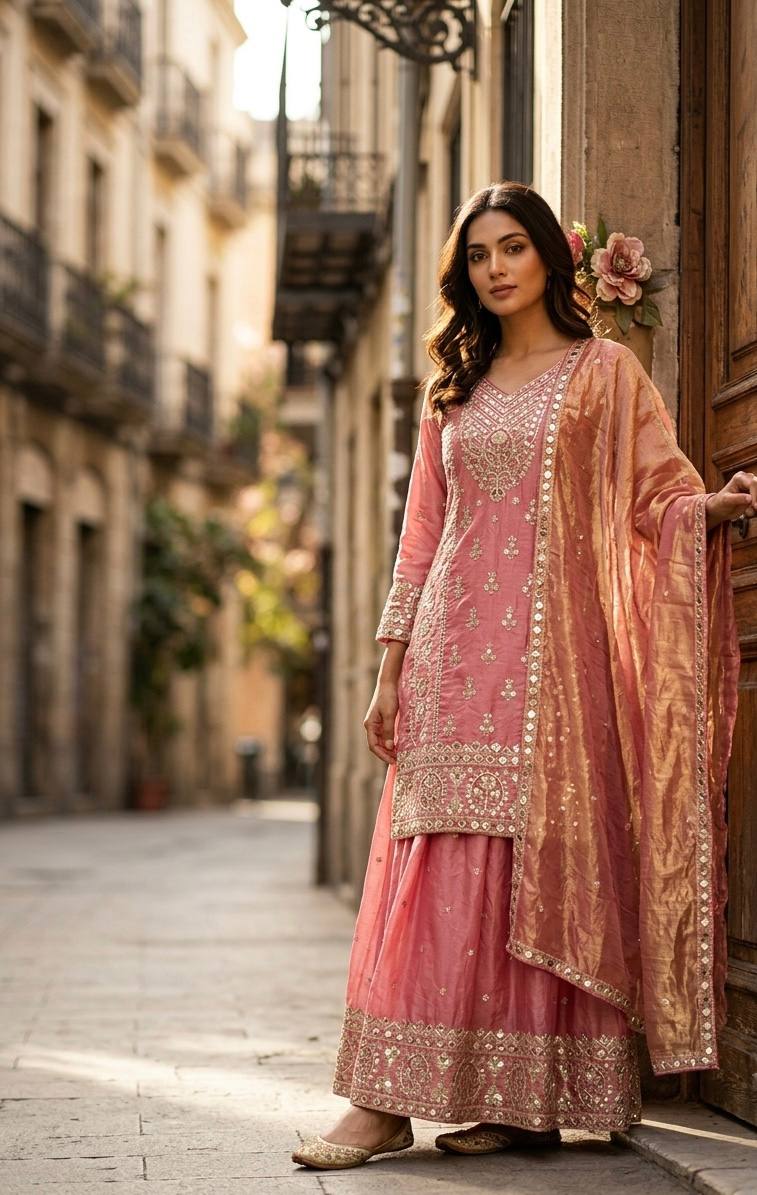 Women's Blush Pink Heavy Embroidered Suit with Dupatta