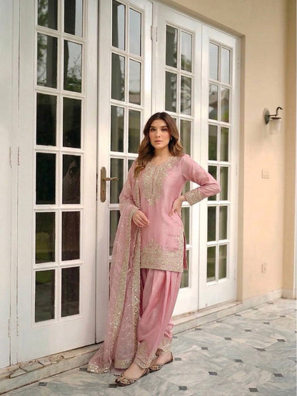Designer Peach Embroidered Straight Kurta Patiala Suit Set for Women