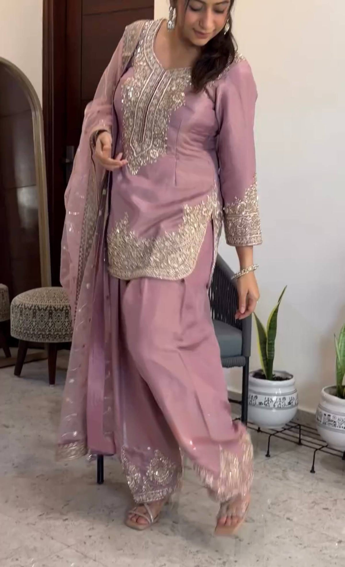 Designer Peach Embroidered Straight Kurta Patiala Suit Set for Women