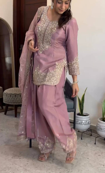 Designer Peach Embroidered Straight Kurta Patiala Suit Set for Women