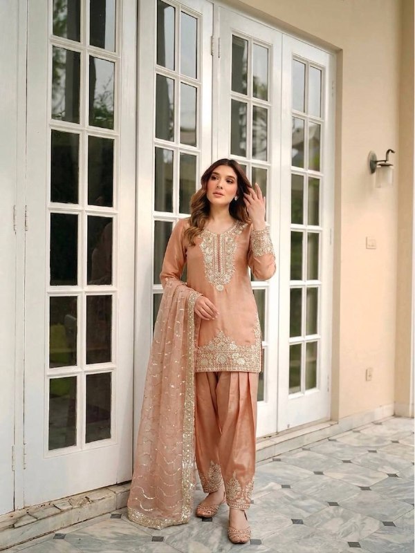 Designer Peach Embroidered Straight Kurta Patiala Suit Set for Women