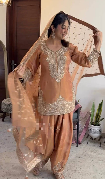 Designer Peach Embroidered Straight Kurta Patiala Suit Set for Women