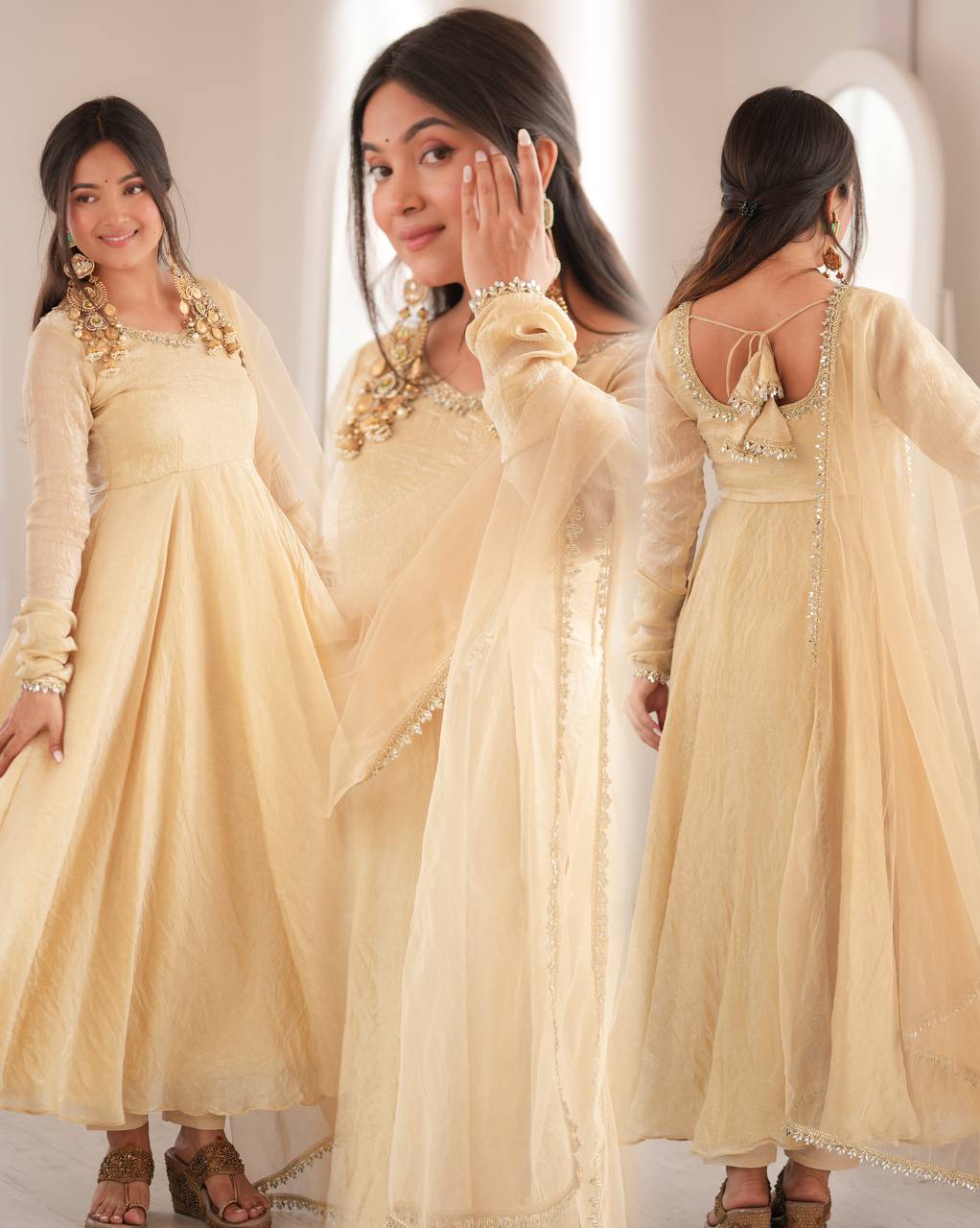 Designer Ivory Anarkali Gown Neck & Dupatta