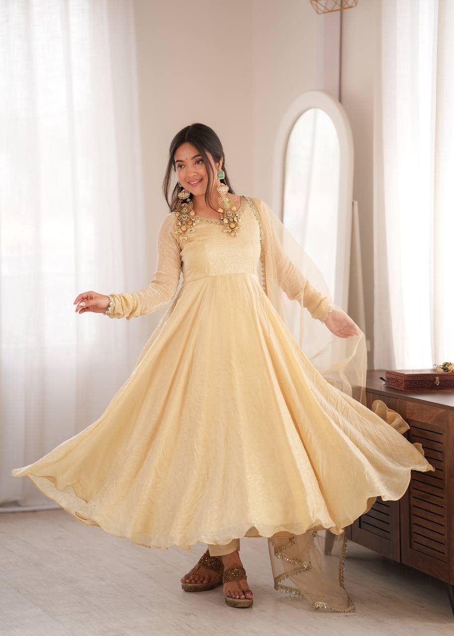 Designer Ivory Anarkali Gown Neck & Dupatta