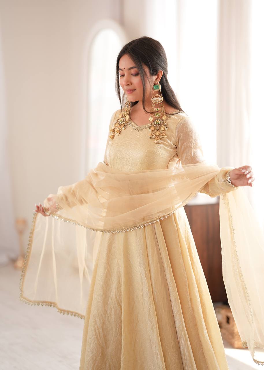 Designer Ivory Anarkali Gown Neck & Dupatta