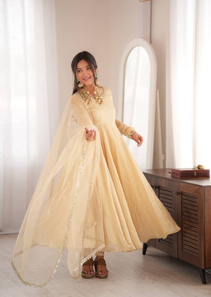 Designer Ivory Anarkali Gown Neck & Dupatta