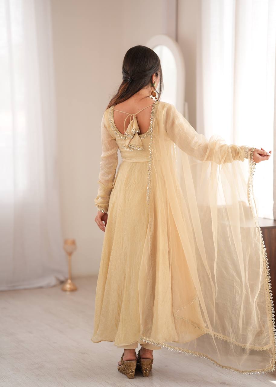 Designer Ivory Anarkali Gown Neck & Dupatta