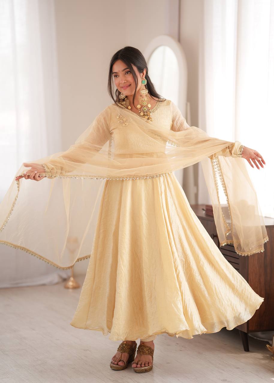 Designer Ivory Anarkali Gown Neck & Dupatta