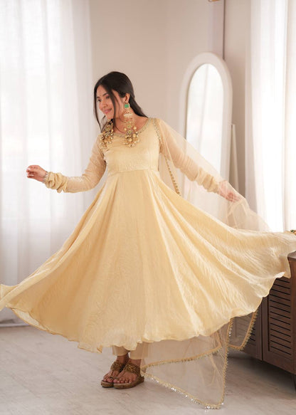 Designer Ivory Anarkali Gown Neck & Dupatta