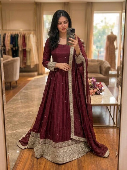 Women's Wine Heavy Anarkali Suit with Dupatta