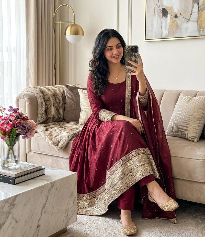 Women's Wine Heavy Anarkali Suit with Dupatta