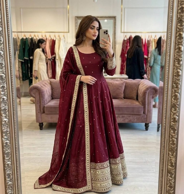Women's Wine Heavy Anarkali Suit with Dupatta