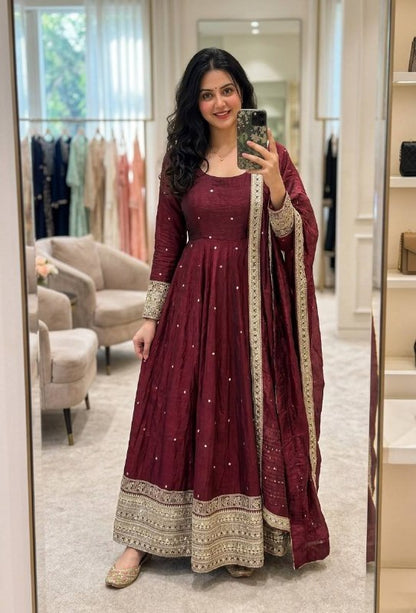 Women's Wine Heavy Anarkali Suit with Dupatta