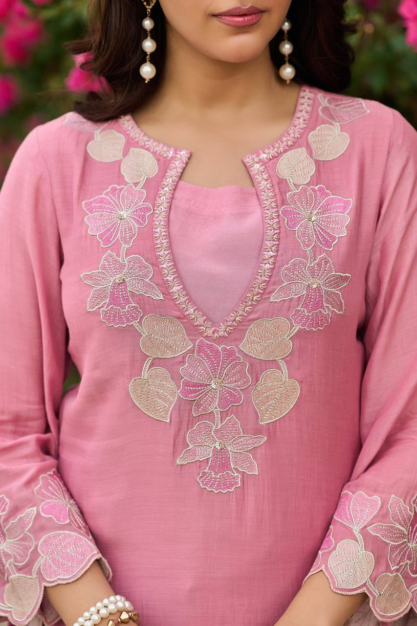 Designer Rose Pink Straight Kurta Palazzo Set with Floral Appliqué Work