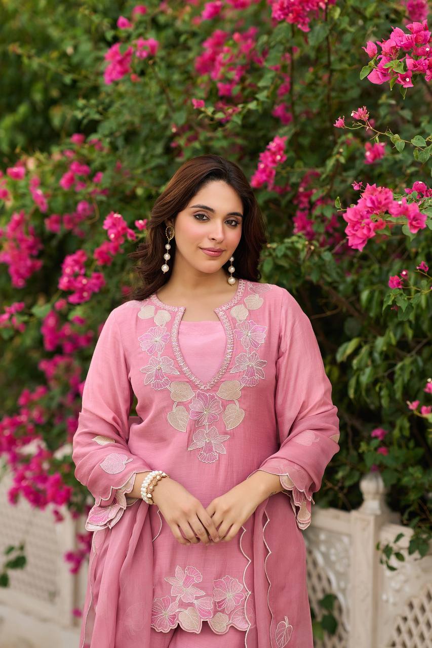Designer Rose Pink Straight Kurta Palazzo Set with Floral Appliqué Work