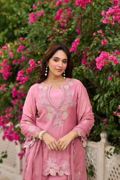 Designer Rose Pink Straight Kurta Palazzo Set with Floral Appliqué Work