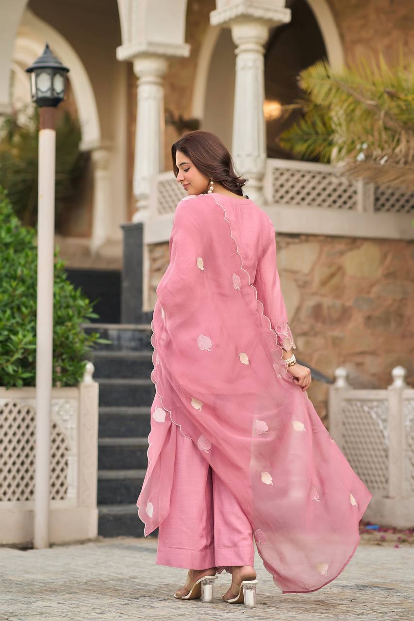 Designer Rose Pink Straight Kurta Palazzo Set with Floral Appliqué Work