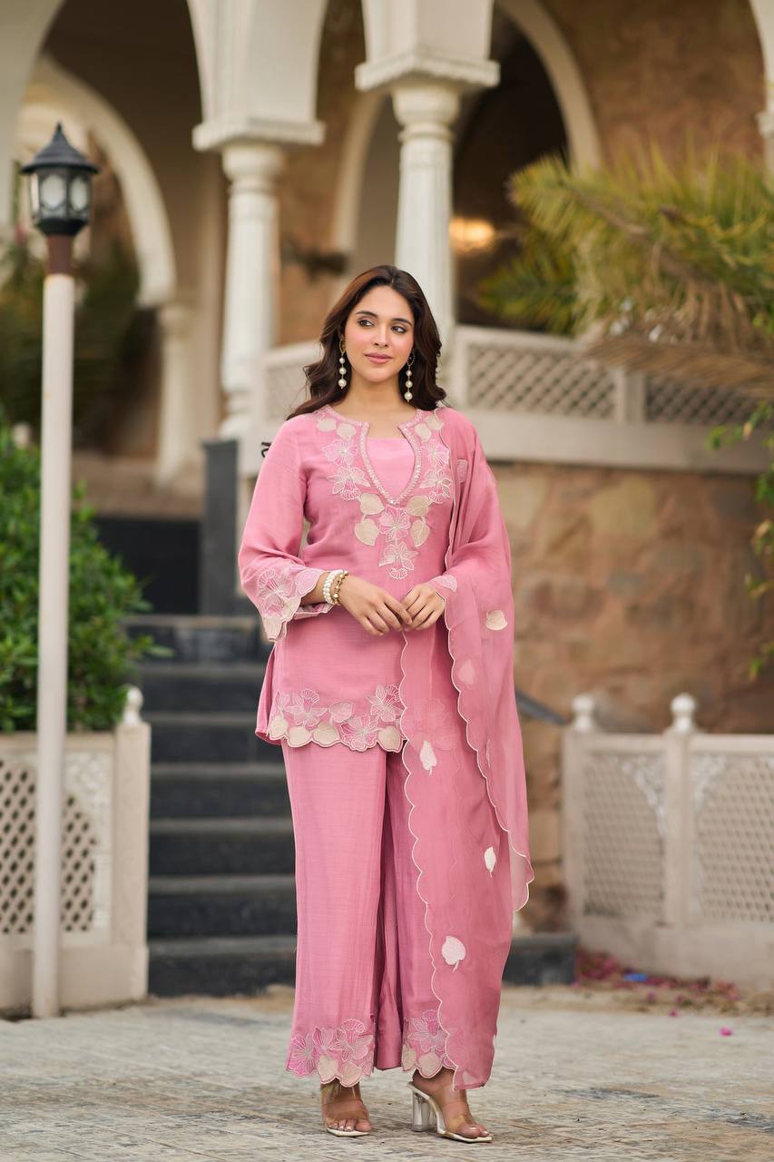 Designer Rose Pink Straight Kurta Palazzo Set with Floral Appliqué Work
