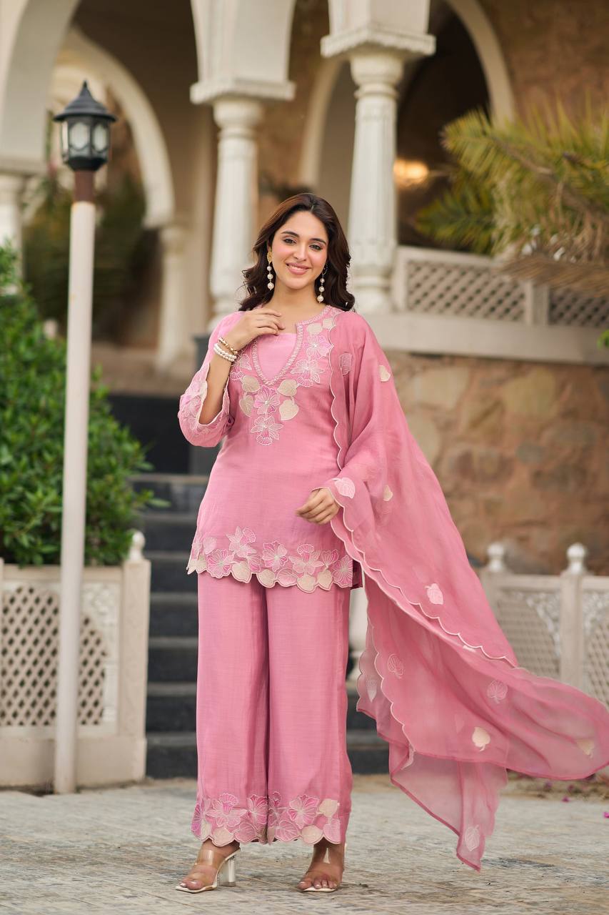 Designer Rose Pink Straight Kurta Palazzo Set with Floral Appliqué Work