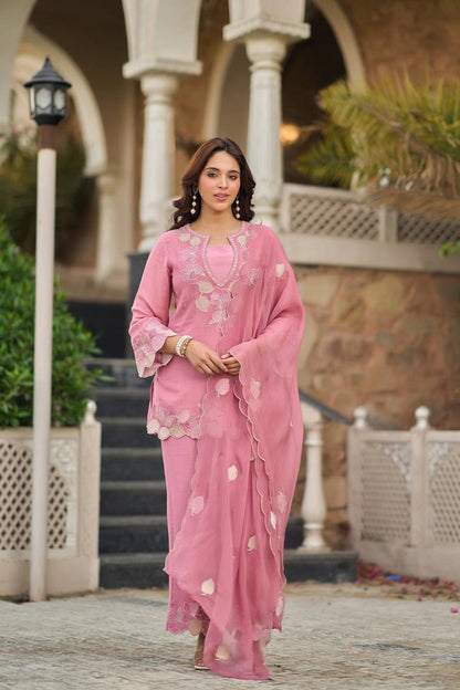 Designer Rose Pink Straight Kurta Palazzo Set with Floral Appliqué Work