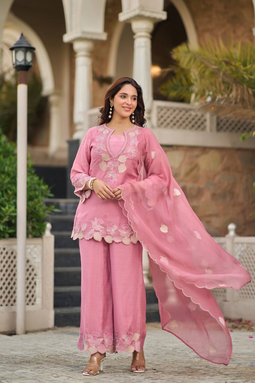 Designer Rose Pink Straight Kurta Palazzo Set with Floral Appliqué Work