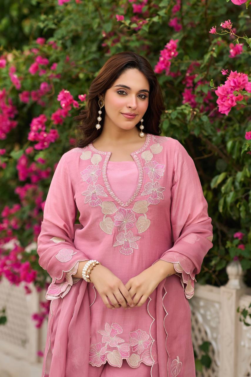 Designer Rose Pink Straight Kurta Palazzo Set with Floral Appliqué Work