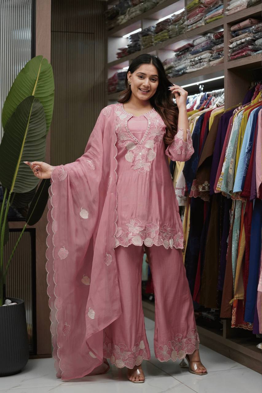 Designer Rose Pink Straight Kurta Palazzo Set with Floral Appliqué Work