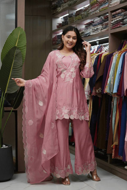 Designer Rose Pink Straight Kurta Palazzo Set with Floral Appliqué Work