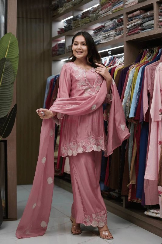 Designer Rose Pink Straight Kurta Palazzo Set with Floral Appliqué Work