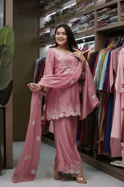 Designer Rose Pink Straight Kurta Palazzo Set with Floral Appliqué Work