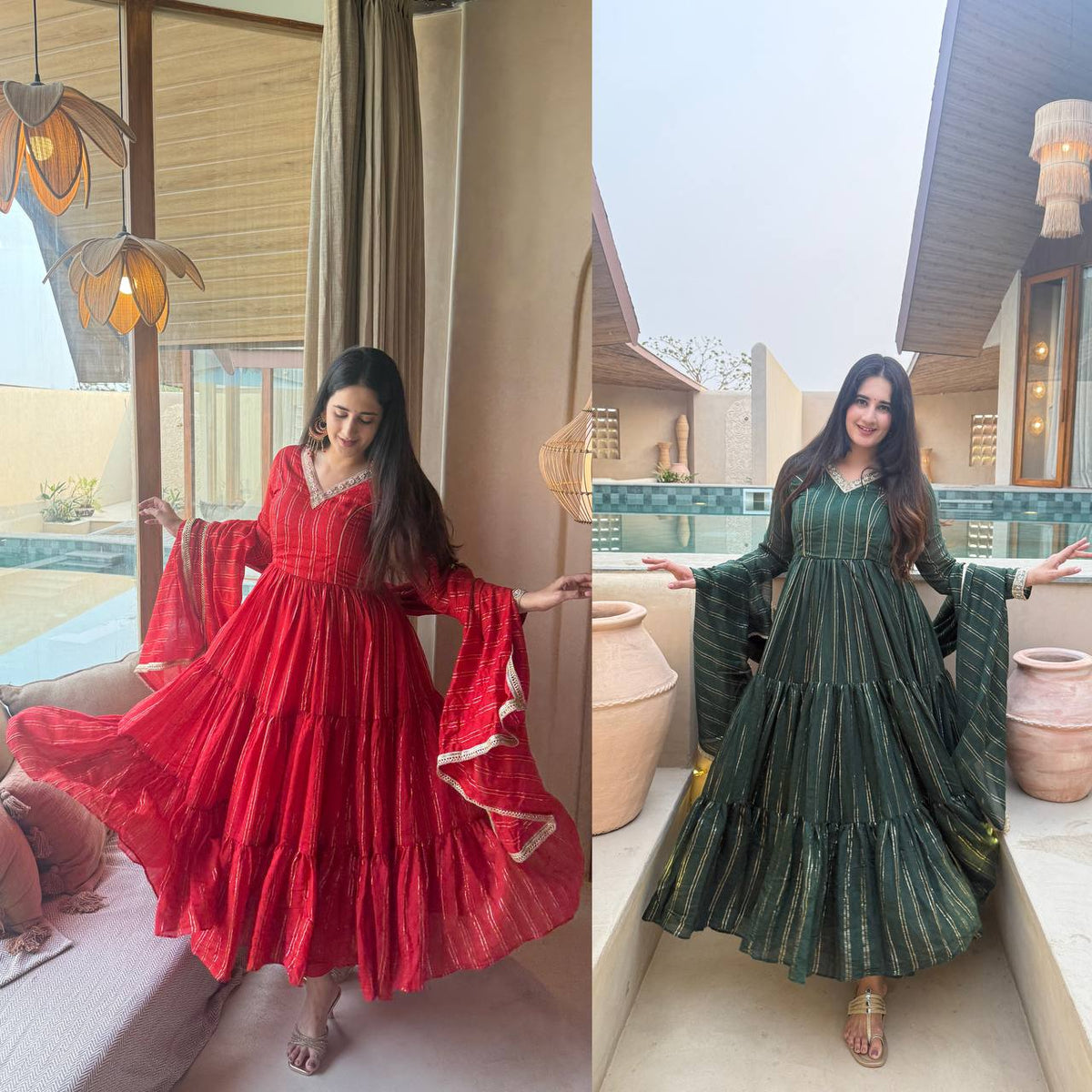 Designer Bottle Green Foil Stripe Anarkali Gown for Women