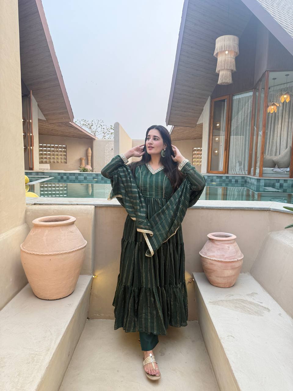 Designer Bottle Green Foil Stripe Anarkali Gown for Women