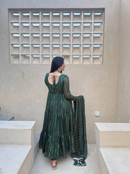 Designer Bottle Green Foil Stripe Anarkali Gown for Women