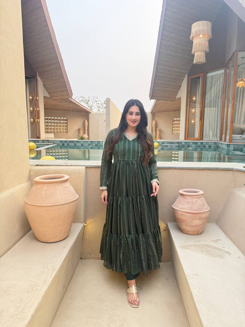 Designer Bottle Green Foil Stripe Anarkali Gown for Women