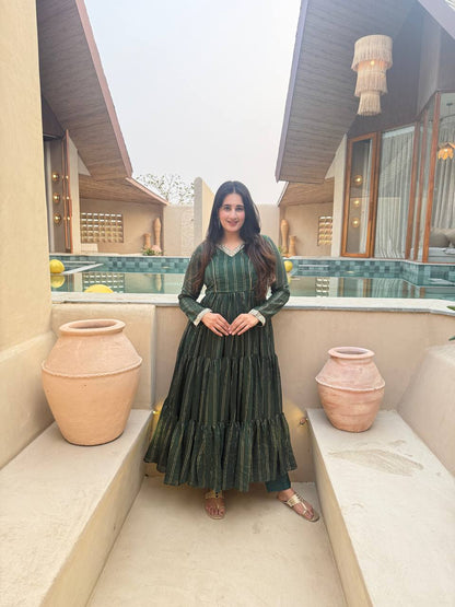 Designer Bottle Green Foil Stripe Anarkali Gown for Women