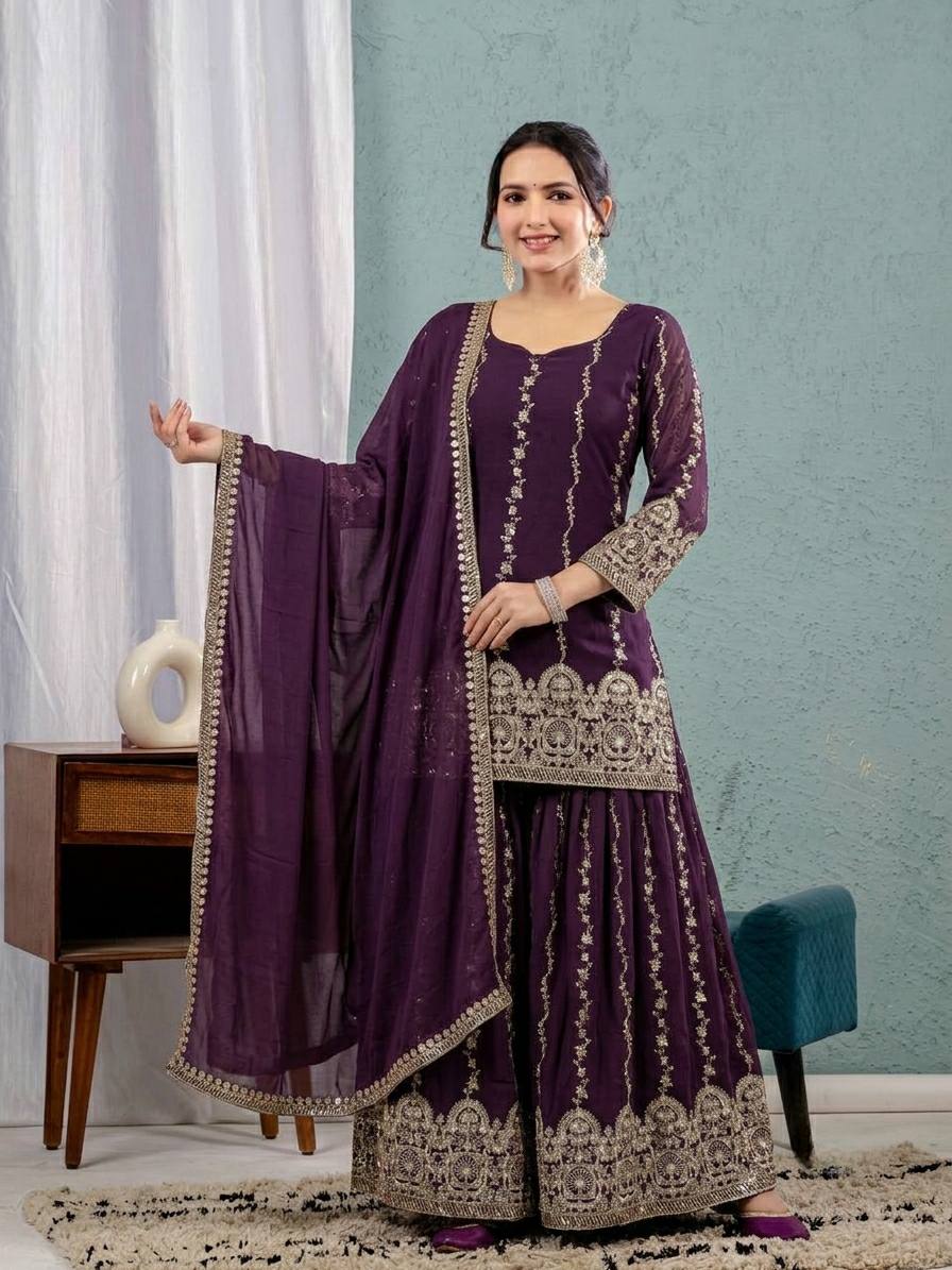 Premium Purple Straight Kurta Sharara Set with Heavy Embroidery