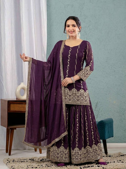 Premium Purple Straight Kurta Sharara Set with Heavy Embroidery