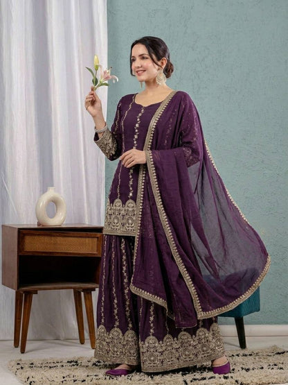 Premium Purple Straight Kurta Sharara Set with Heavy Embroidery