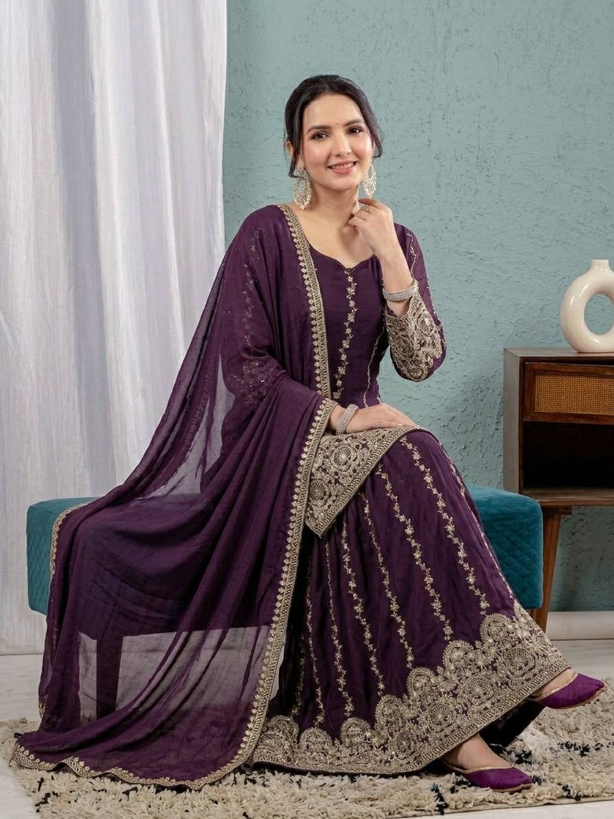 Premium Purple Straight Kurta Sharara Set with Heavy Embroidery