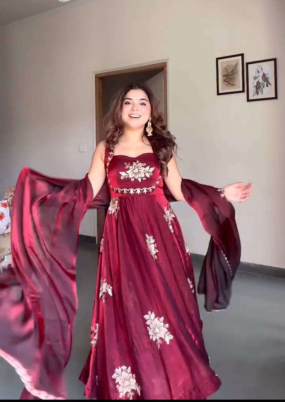 Maroon Anarkali Style Floral Embroidered Silk Anarkali Set